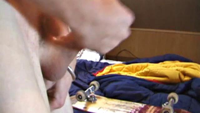 With skateboard at his side, this young street surfer wastes little time sliding down his pants and pulling out his rock hard cock from his boxers. Adam grabs a dildo, raises his legs into the air, and shoves it up his ass.