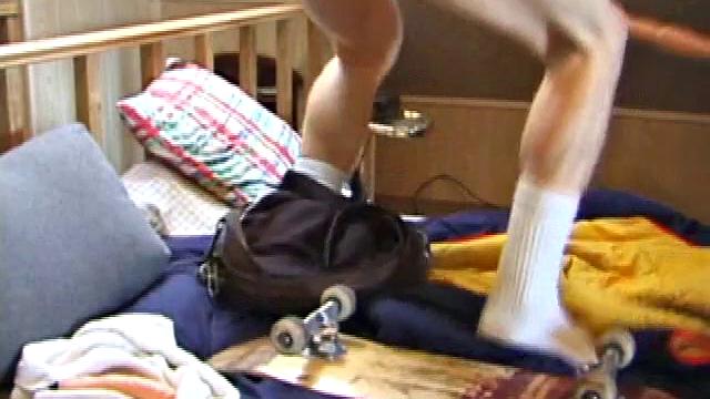 With skateboard at his side, this young street surfer wastes little time sliding down his pants and pulling out his rock hard cock from his boxers. Adam grabs a dildo, raises his legs into the air, and shoves it up his ass.