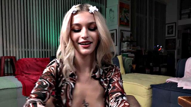 Teasing alt babe stroking lover's cock until cumshot