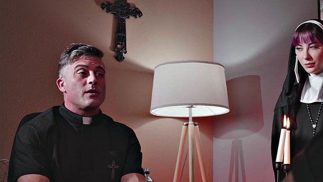 Submissive CFNM church babe sucks priest in dormitory