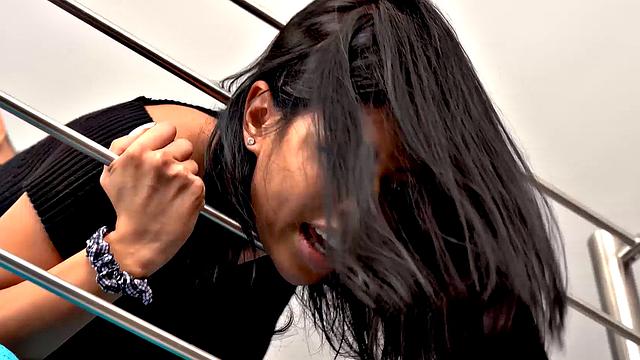 STUCK4K. Man reaches the pussy of Canela Skin stuck in railing