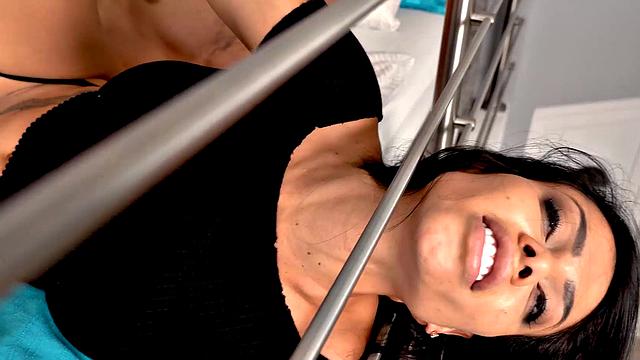 STUCK4K. Man reaches the pussy of Canela Skin stuck in railing