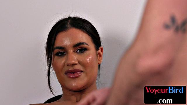 Classy big-titted voyeur pleasuring herself