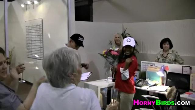 Employee of the Month: A wild threesome with blonde, brunette, and ebony office babes in glasses and thongs