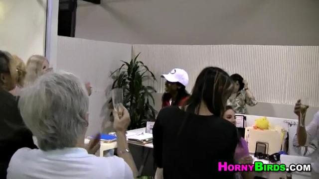 Employee of the Month: A wild threesome with blonde, brunette, and ebony office babes in glasses and thongs