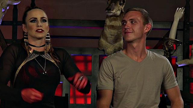 Strapon wearing CFNM MILF domina pegs her sub