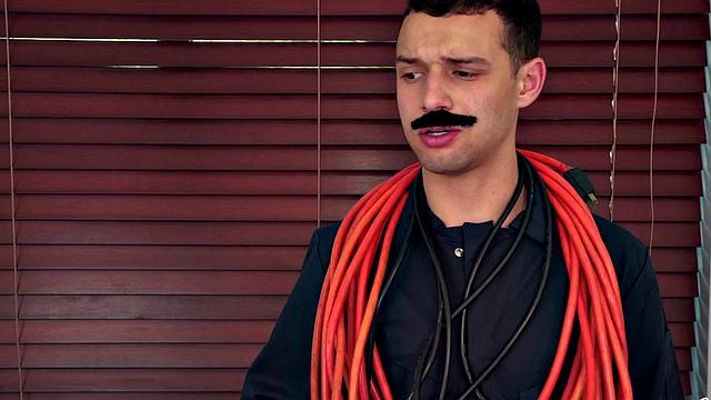 Young tattooed redhead with natural tits rides repairman's big dick in a nightie