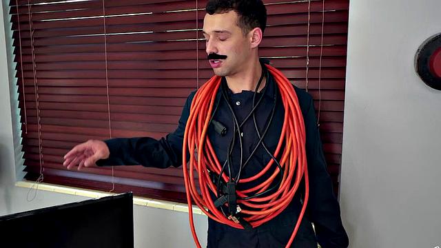 Young tattooed redhead with natural tits rides repairman's big dick in a nightie