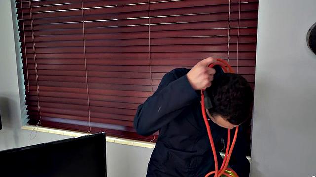 Young tattooed redhead with natural tits rides repairman's big dick in a nightie