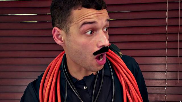 Young tattooed redhead with natural tits rides repairman's big dick in a nightie