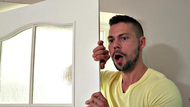 Blonde MILF in high heels fucks in dirty hostel room with dirty fucker