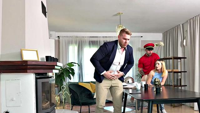 Blonde MILF in high heels fucks in dirty hostel room with dirty fucker