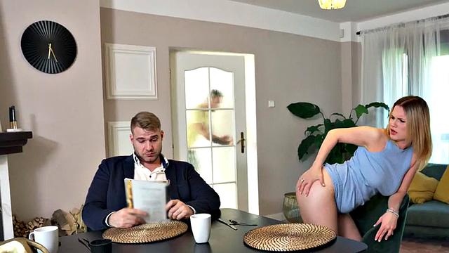 Blonde MILF in high heels fucks in dirty hostel room with dirty fucker