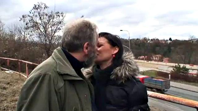 Smoking teen and old guy get it on outside