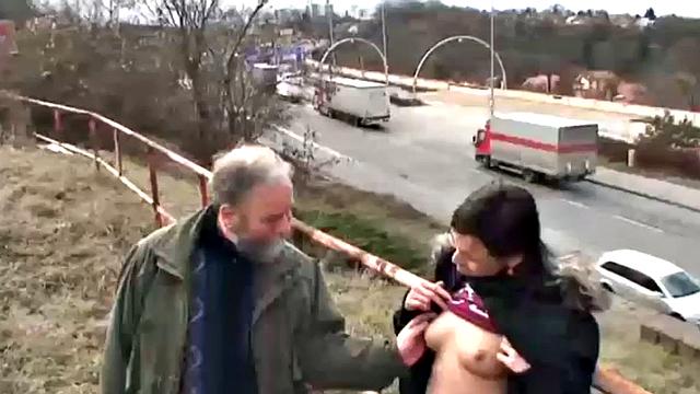 Smoking teen and old guy get it on outside