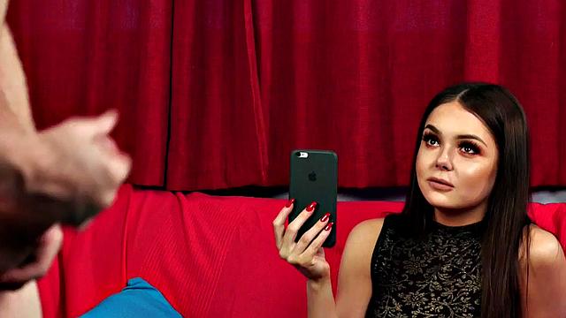 Glamorous voyeur in stockings recording masturbating