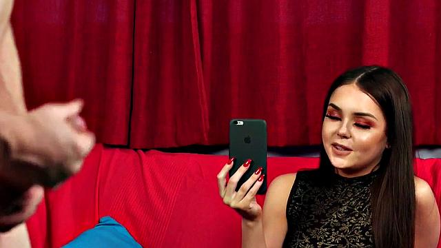 Glamorous voyeur in stockings recording masturbating