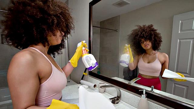 Curly-haired maid gets her pussy pounded by BBC in missionary pose