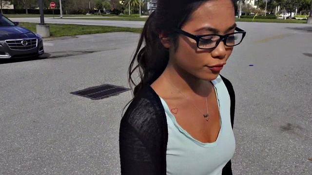 Petite Asian in glasses gets picked and paid for sex in POV