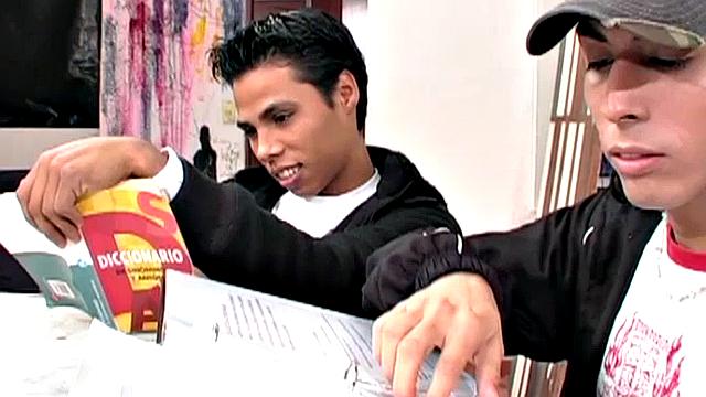 Four boys are seated at a table studying, when Benacio decides to liven up. He gets under the table and starts giving some of the boys a blowjob. This quickly puts an end to the study session, as dicks get sucked and clothes strip off.