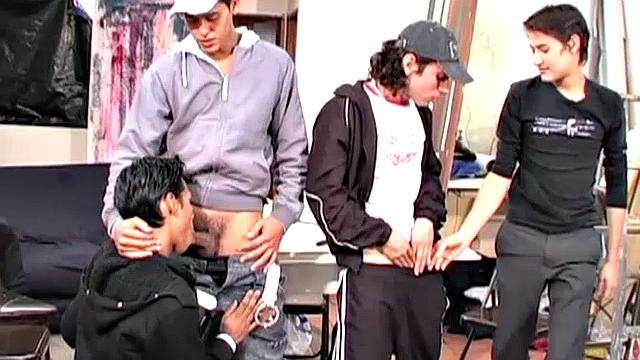 Four boys are seated at a table studying, when Benacio decides to liven up. He gets under the table and starts giving some of the boys a blowjob. This quickly puts an end to the study session, as dicks get sucked and clothes strip off.