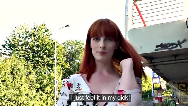 Euro redhead with hairy pussy rides POV style before getting bent over for cash