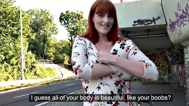 Euro redhead with hairy pussy rides POV style before getting bent over for cash