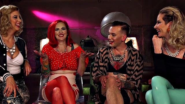 Crossdresser sissy pegged by group of CFNM busty dominas