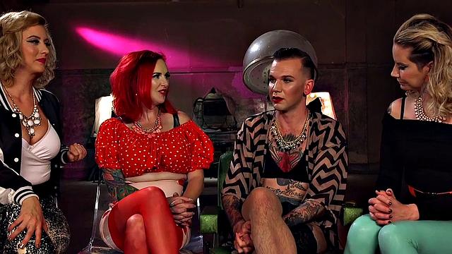 Crossdresser sissy pegged by group of CFNM busty dominas