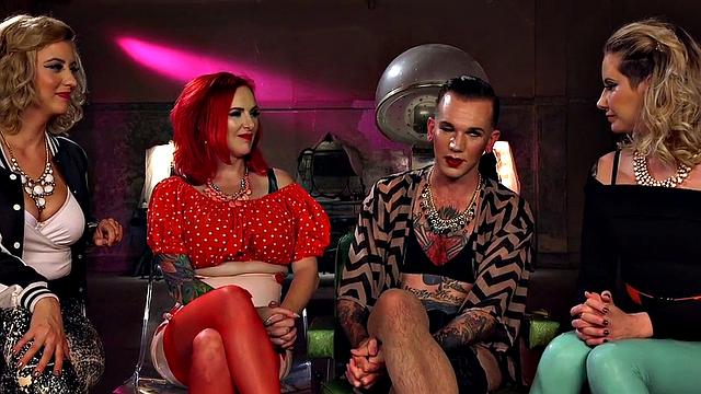 Crossdresser sissy pegged by group of CFNM busty dominas