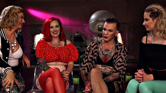 Crossdresser sissy pegged by group of CFNM busty dominas