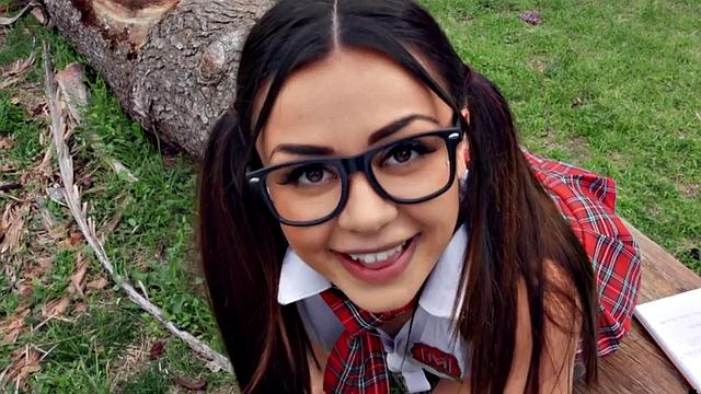 Pulled college babe sucking and riding outdoors in public