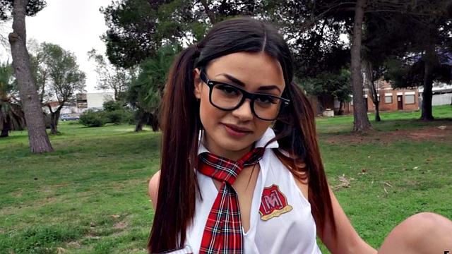 Pulled college babe sucking and riding outdoors in public