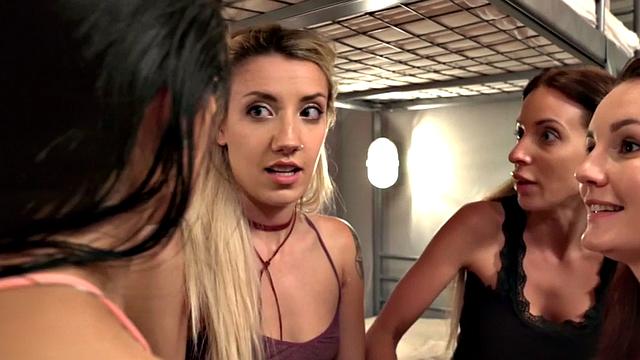 Hostel babe deepthroats and gets drilled in front of voyeurs