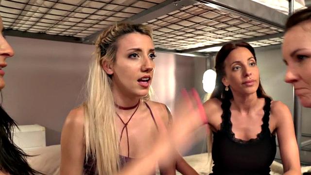 Hostel babe deepthroats and gets drilled in front of voyeurs