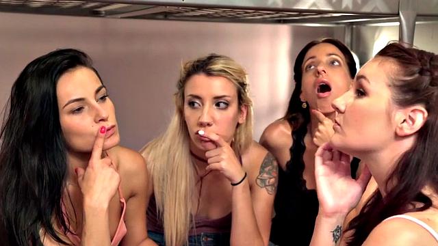 Hostel babe deepthroats and gets drilled in front of voyeurs