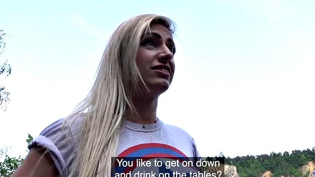 Big boobs babe seduced into outdoor sex and taking facial