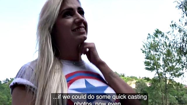 Big boobs babe seduced into outdoor sex and taking facial