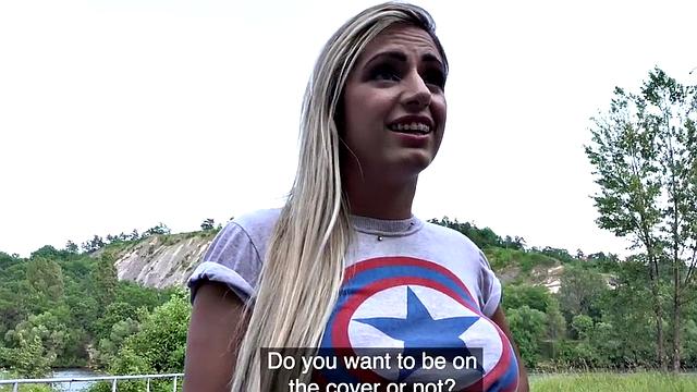 Big boobs babe seduced into outdoor sex and taking facial