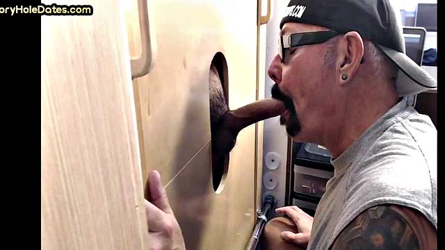 Home gaydaddy sucks gloryhole cock deep with his throat