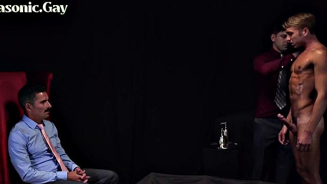 Bottom stud gets bareback in 3some by DILFS in suit