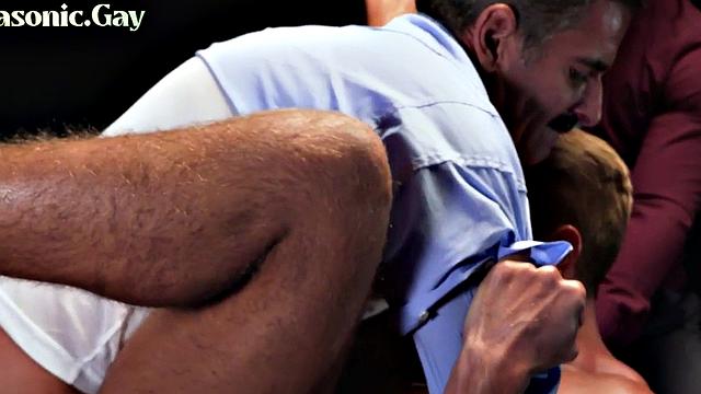 Bottom stud gets bareback in 3some by DILFS in suit