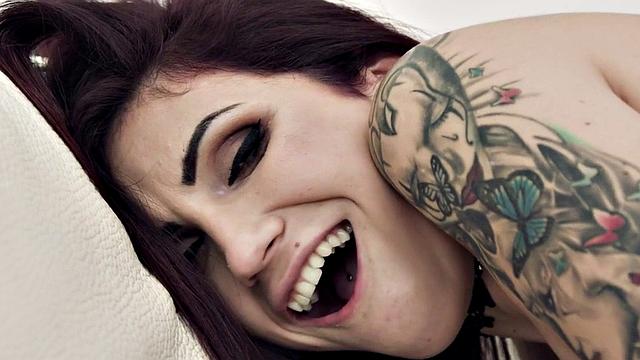 Kinky tattooed lesbians with big tits insert dildos up their pussies