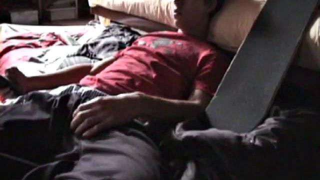 Jayden Parks his skateboard and lies down in front of the camera to begin his jerk off. Getting to his favorite spot, he begins rubbing himself, before releasing his hard dick.