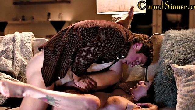 Busty inked sinner fucked in 3some with BFF by her BF