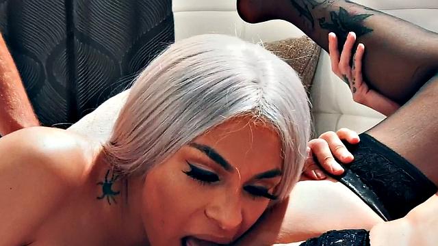 Stunning Trans babe licking pussy and barebacked in 3way