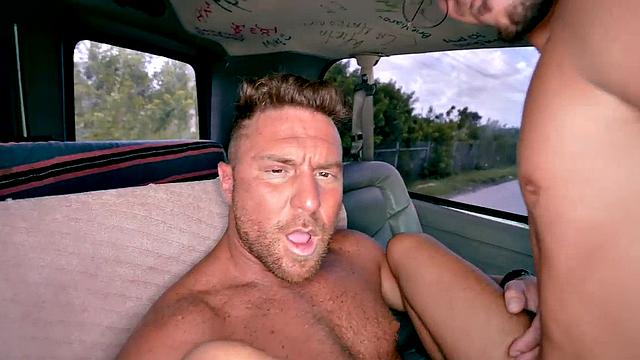 Straight hunk tricks and fucks stud's asshole in bus until cum