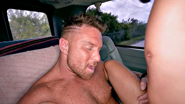 Straight hunk tricks and fucks stud's asshole in bus until cum