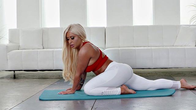 Hot oiled up yoga MILF gets her bald pussy pounded by BBC on the couch