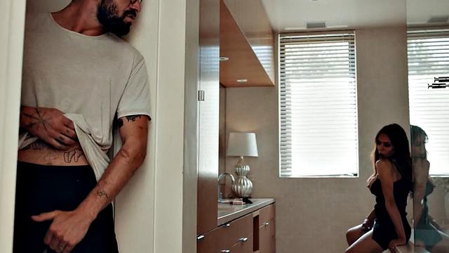 Trans milf sucking bf in bathroom while showing off tits